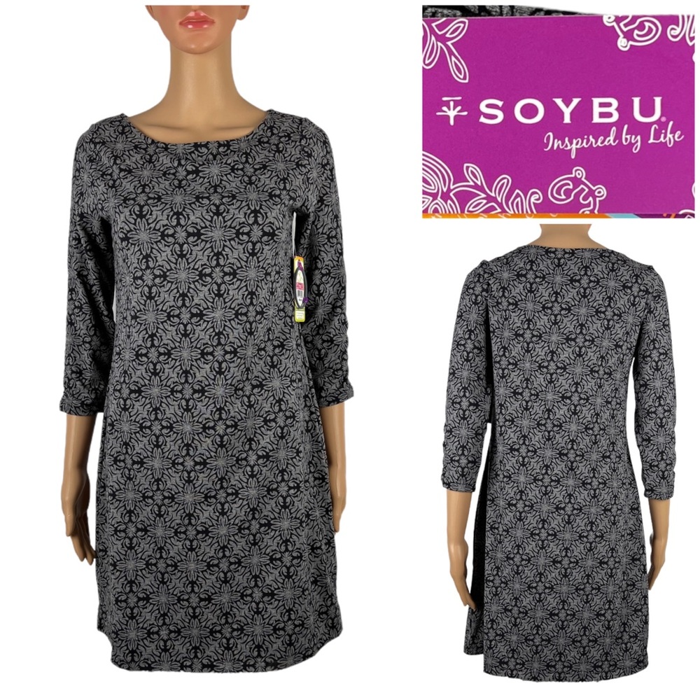 SOYBU Womens Small Dress Oasis Gray Floral Pattern 3/4 Sleeve Scoop Neck  NWT